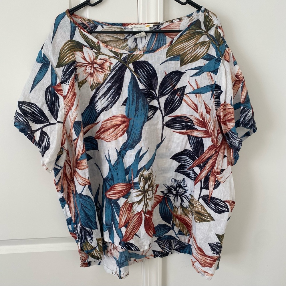 C&C California 100% Linen Cream Tropical Floral High Low Short Sleeve Women 3x